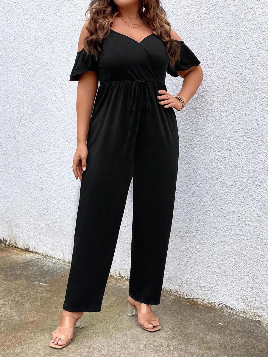 SHEIN LUNE Plus Cold Shoulder Knot Front Jumpsuit - Black - View 1