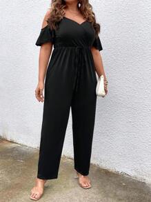 SHEIN LUNE Plus Cold Shoulder Knot Front Jumpsuit - Black - View 5