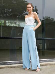 MOTF PREMIUM LINEN VISCOSE LACE STRIPE TROUSERS - Baby Blue - View 5