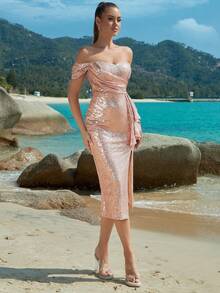 Off Shoulder Ruffle Trim Split Thigh Sequin Formal Dress - Champagne - View 3