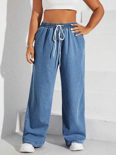 SHEIN EZwear Plus Drawstring Waist Wide Leg Jeans