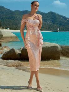 Off Shoulder Ruffle Trim Split Thigh Sequin Formal Dress - Champagne - View 6