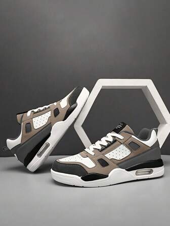 男士防滑荔枝紋壓花字母圖案拼色繫帶運動鞋,運動滑板鞋戶外男士休閒鞋