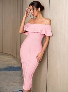 ADYCE Đầm lệch vai xẻ tà Bodycon Đầm băng dự tiệc cocktail trang trọng - Màu Hồng baby - Xem 1