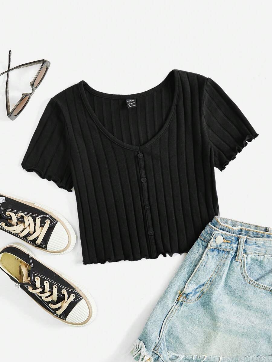 SHEIN EZwear 紐扣生菜邊短版上衣 - 黑色 - 查看 1