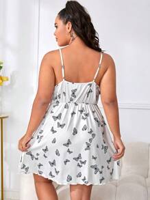 大碼蝴蝶圖案褶邊吊帶睡裙 - 白色 - 查看 2