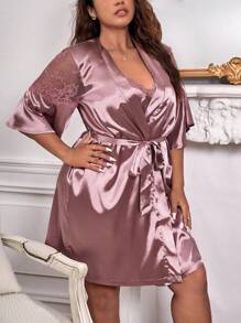 Cộng với áo choàng Satin có thắt lưng bằng ren tương phản với váy ngủ - Màu tím hoa cà - Xem 5
