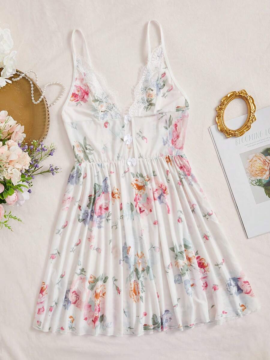 Váy ngủ & áo ngủ Nữ Tương phản ren Lộ Lưng Hoa Gợi cảm - Màu be - Xem 1