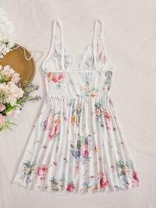 Váy ngủ & áo ngủ Nữ Tương phản ren Lộ Lưng Hoa Gợi cảm - Màu be - Xem 2