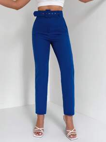Pantalones de traje unicolor con bolsillo oblicuo con cinturón
