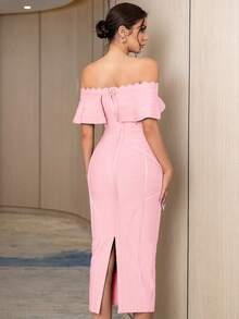 ADYCE Đầm lệch vai xẻ tà Bodycon Đầm băng dự tiệc cocktail trang trọng - Màu Hồng baby - Xem 2