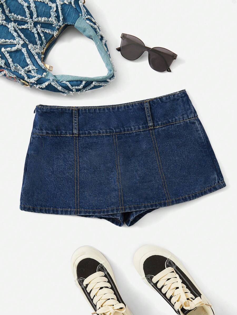 SHEIN EZwear Solid Denim Skort - Dark Wash - View 1