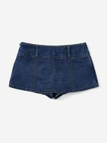 SHEIN EZwear Solid Denim Skort - Dark Wash - View 3