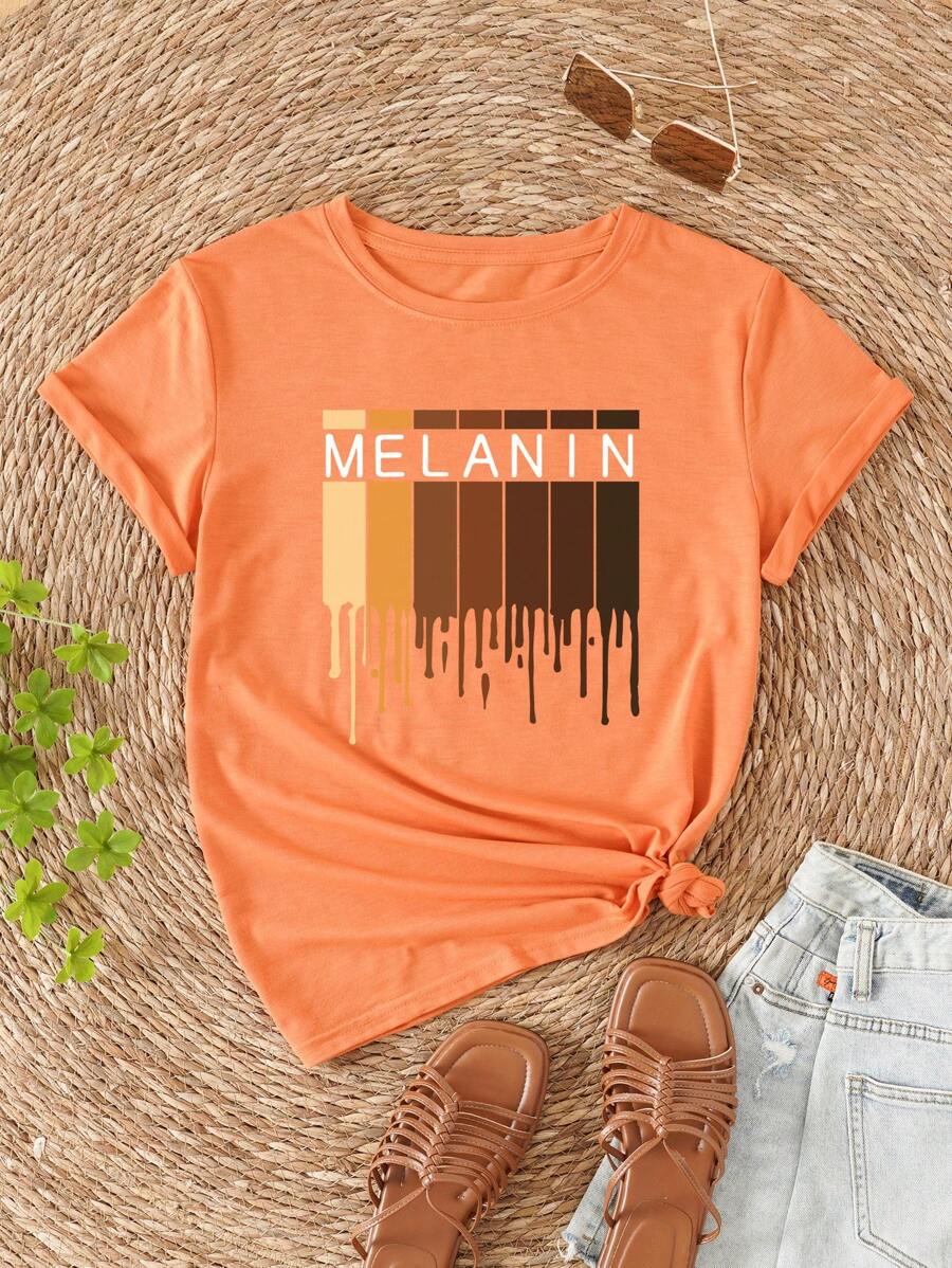 SHEIN LUNE Letter Graphic Tee - Orange - View 1