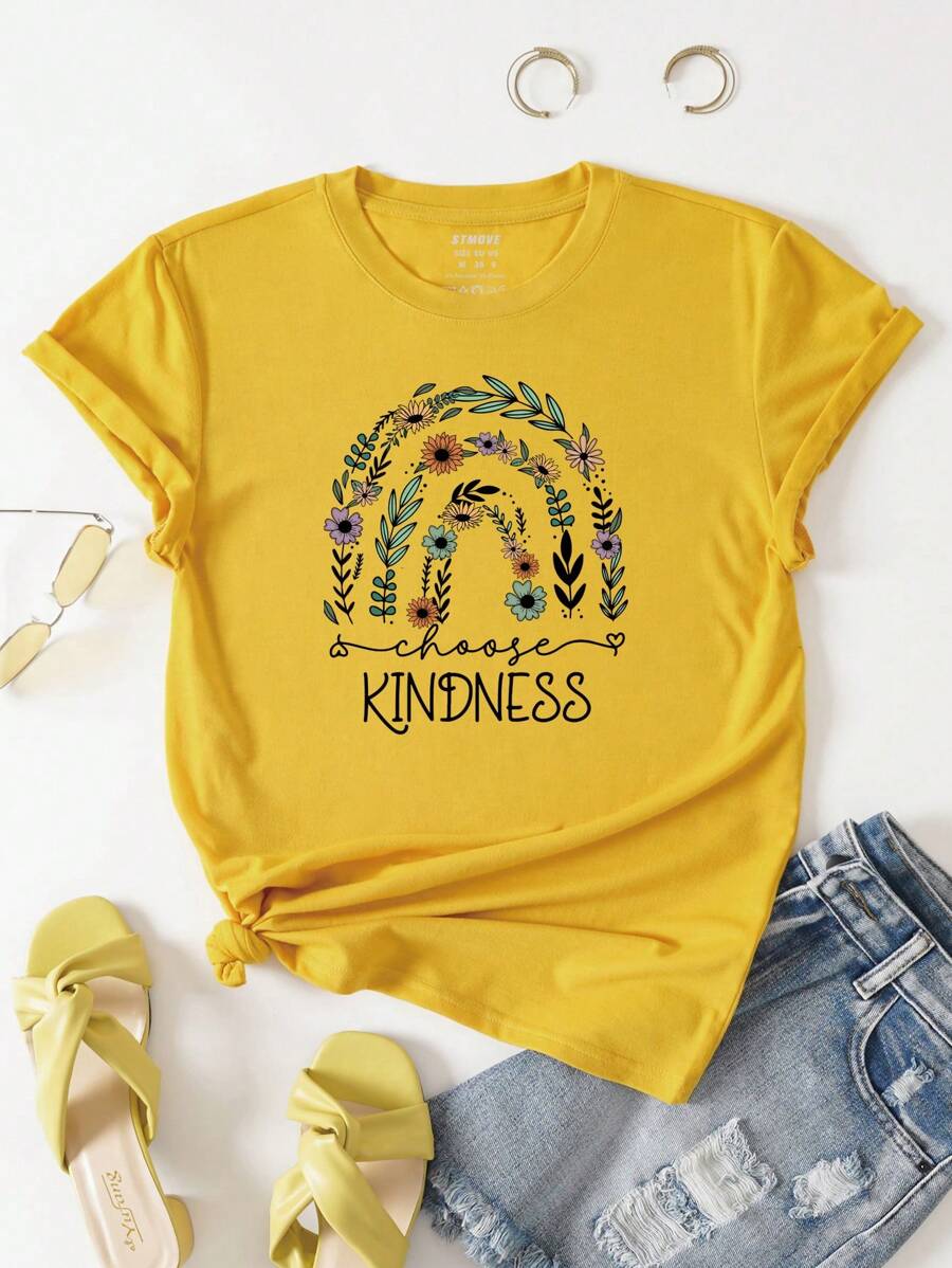 SHEIN Essnce Letter & Plant Print Tee - Yellow - View 1