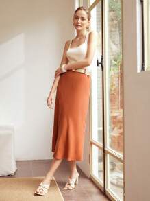 MOTF PREMIUM Falda slip viscosa lino con cinturón - Naranja Quemada - Ver 7