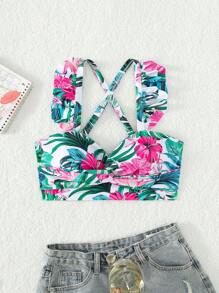 Top bikini con estampado tropical ribete con fruncido - Multicolor - Ver 3