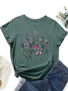 SHEIN LUNE Floral Print Tee - Dark Green - View 1