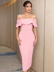 ADYCE Đầm lệch vai xẻ tà Bodycon Đầm băng dự tiệc cocktail trang trọng - Màu Hồng baby - Xem 3