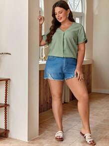 SHEIN Frenchy Plus Solid V Neck Blouse - Mint Green - View 6