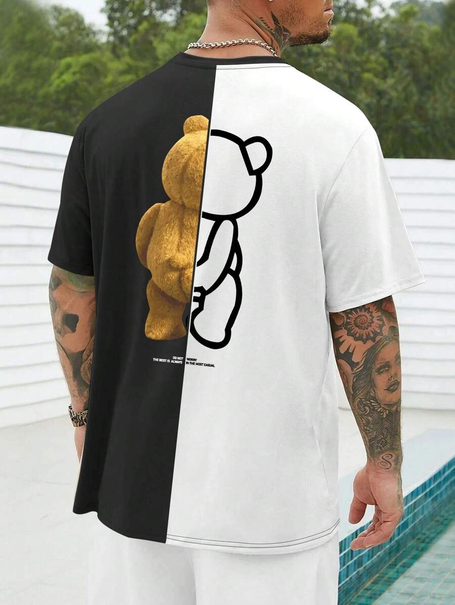 Manfinity EMRG Men Plus Bear & Slogan Graphic Two Tone Tee - Black and White - View 1