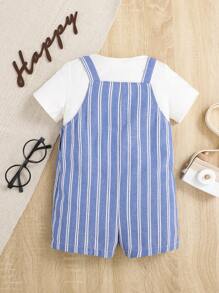 SHEIN 嬰兒條紋印花口袋貼布背帶連體短褲不帶T恤 - 藍白色 - 查看 2