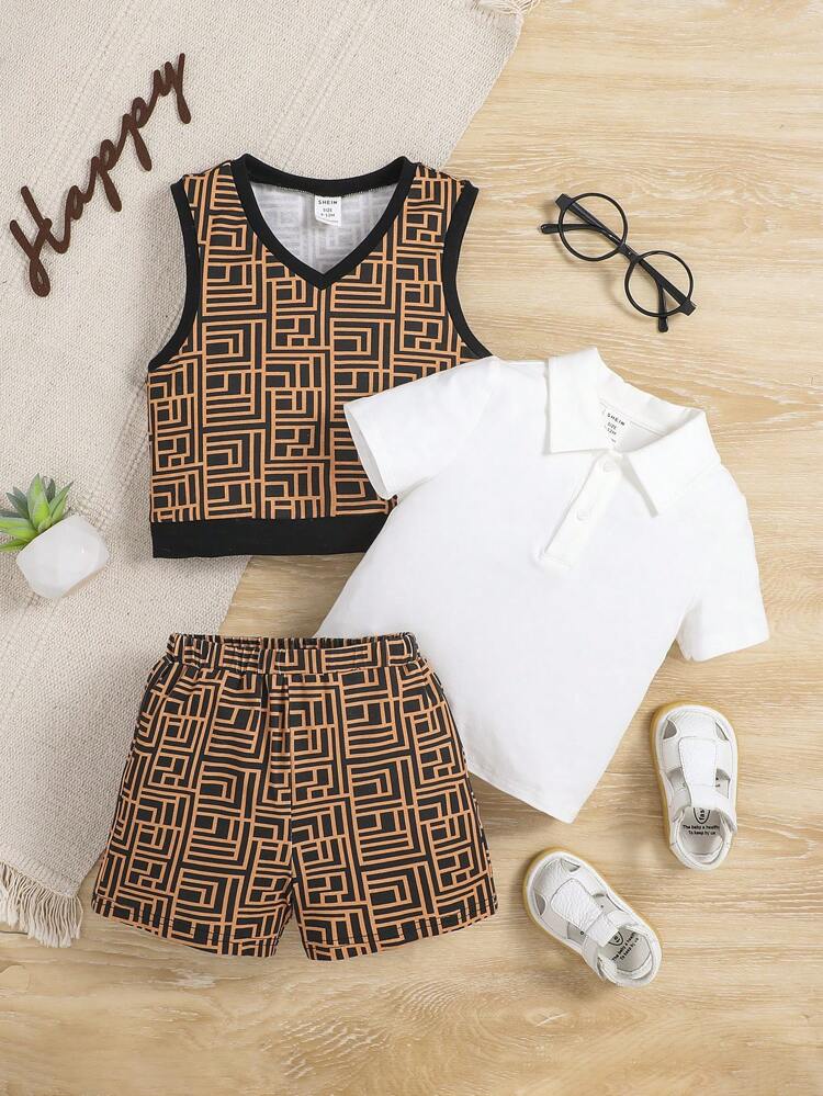 Baby Boy Geo Print Tank Top & Shorts & Polo Shirt