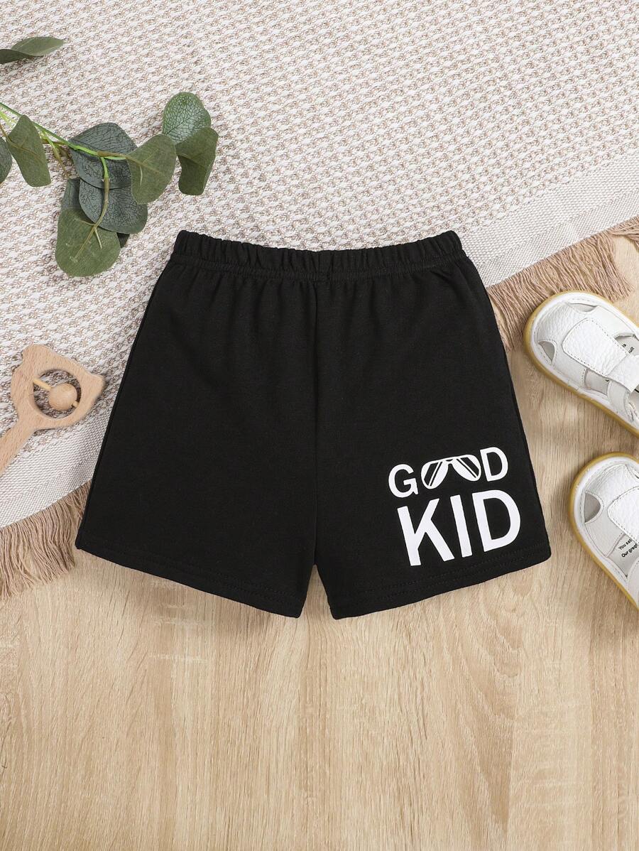 SHEIN Baby Boy Slogan Graphic Shorts - Black - View 1