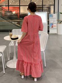 DAZY Vestido con estampado de guingán bajo con fruncido - Rojo y blanco - Ver 2