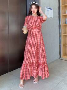 DAZY Vestido con estampado de guingán bajo con fruncido - Rojo y blanco - Ver 4