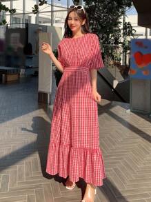 DAZY Vestido con estampado de guingán bajo con fruncido - Rojo y blanco - Ver 6