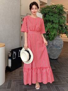 DAZY Vestido con estampado de guingán bajo con fruncido - Rojo y blanco - Ver 8