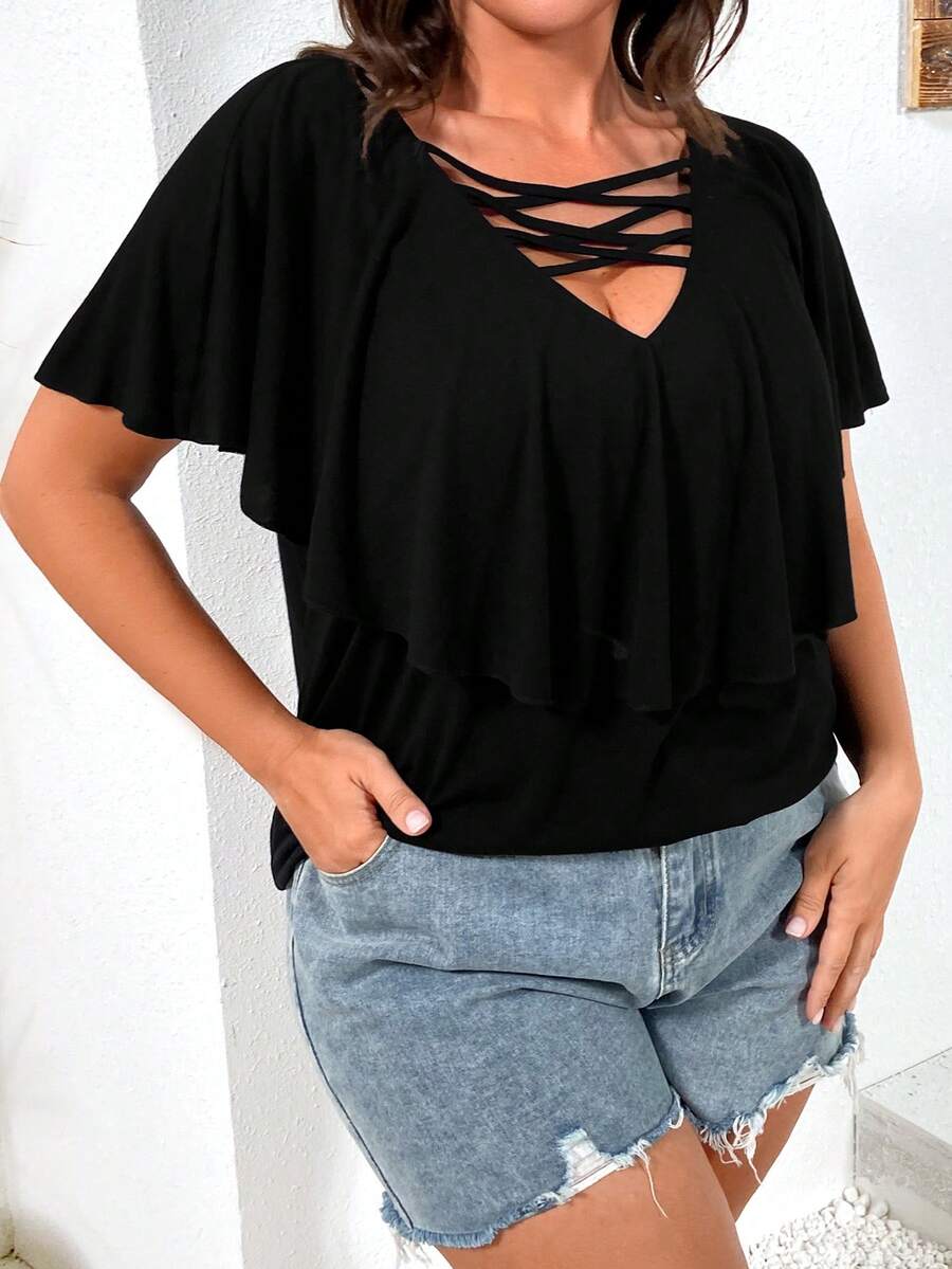 Flirla Camiseta con tira cruzada delantera de manga mariposa - Negro - Ver 1