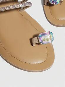 CUCCOO SZL Women Rhinestone Decor Toe Ring Design Flat Sandals, Faux Suede Glamorous Thong Sandals For Summer - Pink - View 3