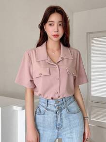 DAZY Áo thun nữ Nút phía trước màu trơn Giải trí - Hồng - Xem 3