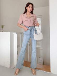 DAZY Áo thun nữ Nút phía trước màu trơn Giải trí - Hồng - Xem 7