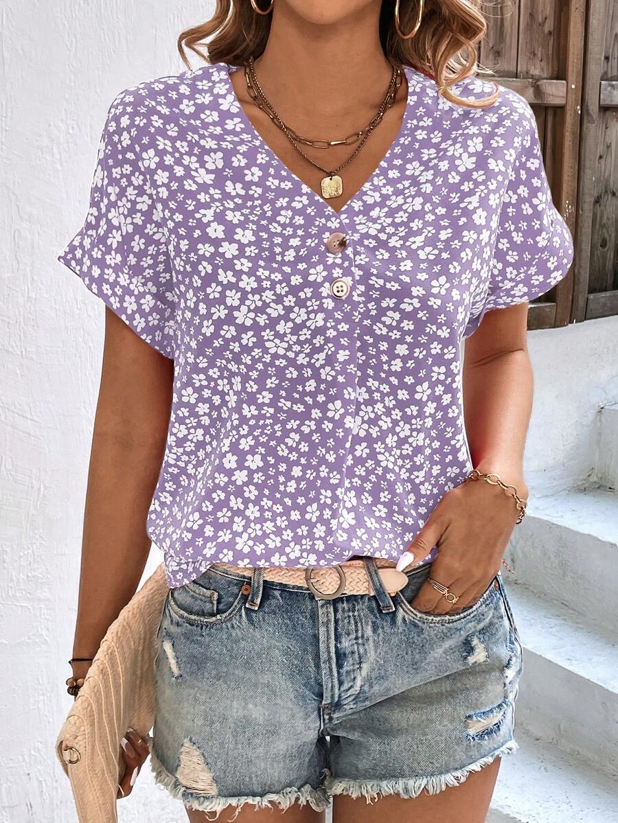 SHEIN LUNE Áo sơ mi nữ Nút Họa tiết hoa Boho - Màu tím - Xem 1
