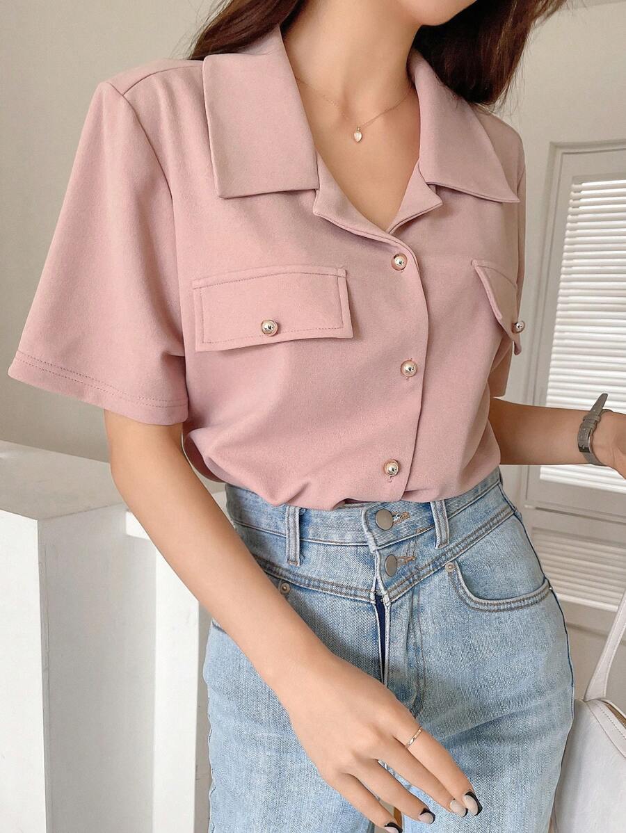 DAZY Áo thun nữ Nút phía trước màu trơn Giải trí - Hồng - Xem 1