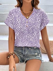 SHEIN LUNE Áo sơ mi nữ Nút Họa tiết hoa Boho - Màu tím - Xem 3