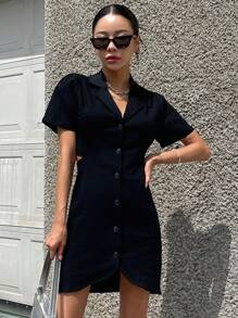 Lapel Neck Button Front Shirt Dress - Black - View 3
