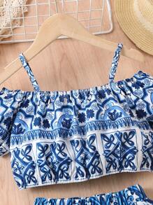 SHEIN Cô Gái Trẻ Xanh & Trắng Phong cách In Off-shoulder Cami ngọn & Quần Bộ Cho mùa hè Kỳ nghỉ - Xanh và trắng - Xem 3