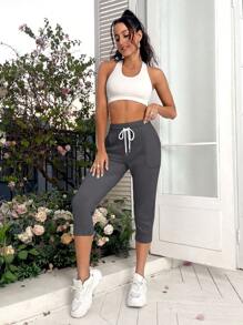 SHEIN Daily&Casual Quần Thể thao Nữ Dây kéo Túi màu trơn - Màu xám đen - Xem 4
