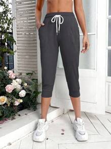 SHEIN Daily&Casual Quần Thể thao Nữ Dây kéo Túi màu trơn - Màu xám đen - Xem 5