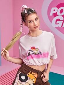 The Powerpuff Girls | ROMWE Cartoon Graphic Drop Shoulder Oversized Tee - Pink - View 2