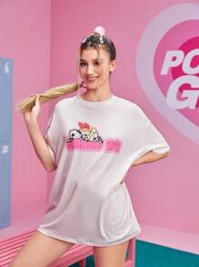The Powerpuff Girls | ROMWE Cartoon Graphic Drop Shoulder Oversized Tee - Pink - View 3