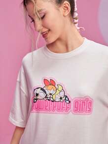 The Powerpuff Girls | ROMWE Cartoon Graphic Drop Shoulder Oversized Tee - Pink - View 5