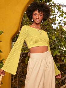 SHEINNeu Solid Tie Back Bell Sleeve Crop Top - Yellow - View 5