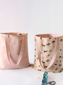 休閒風格購物袋雙把手桃子印花 - 粉色 - 查看 1