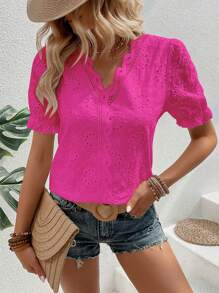 SHEIN LUNE Eyelet Embroidery Contrast Lace Puff Sleeve Blouse - Hot Pink - View 1