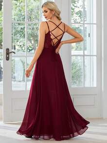 Elegant Spring Chiffon Backless Floral Embroidered Burgundy Bridesmaid Dress - Burgundy - View 3